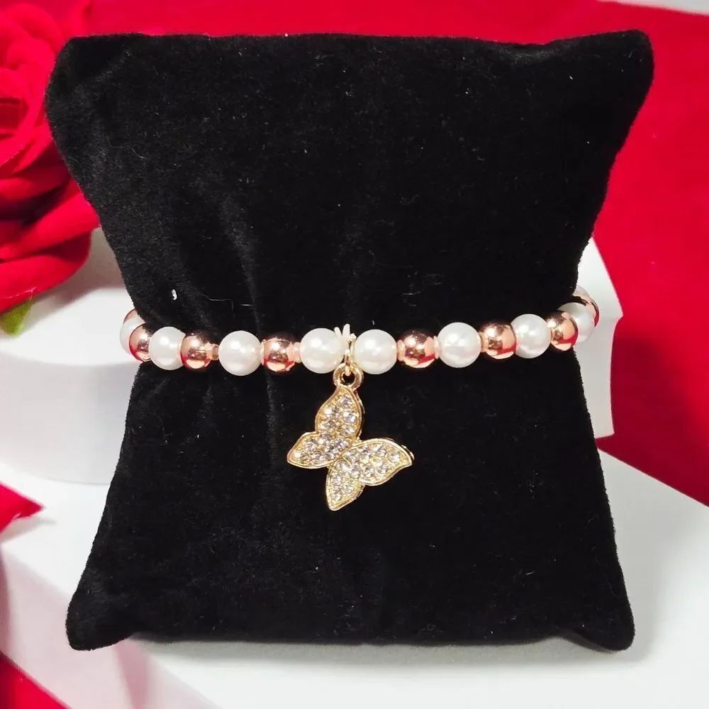 Rhinestone Butterfly Charm Rose Gold & White Pearl Beaded Bracelet Girl Tween